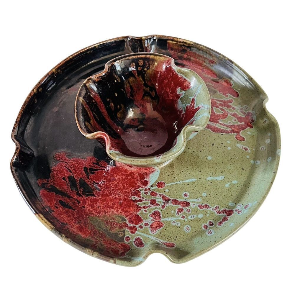Cindy Angliss Studio Art Pottery Dip & Chip Handcrafted Drip Red Green Brown 13”